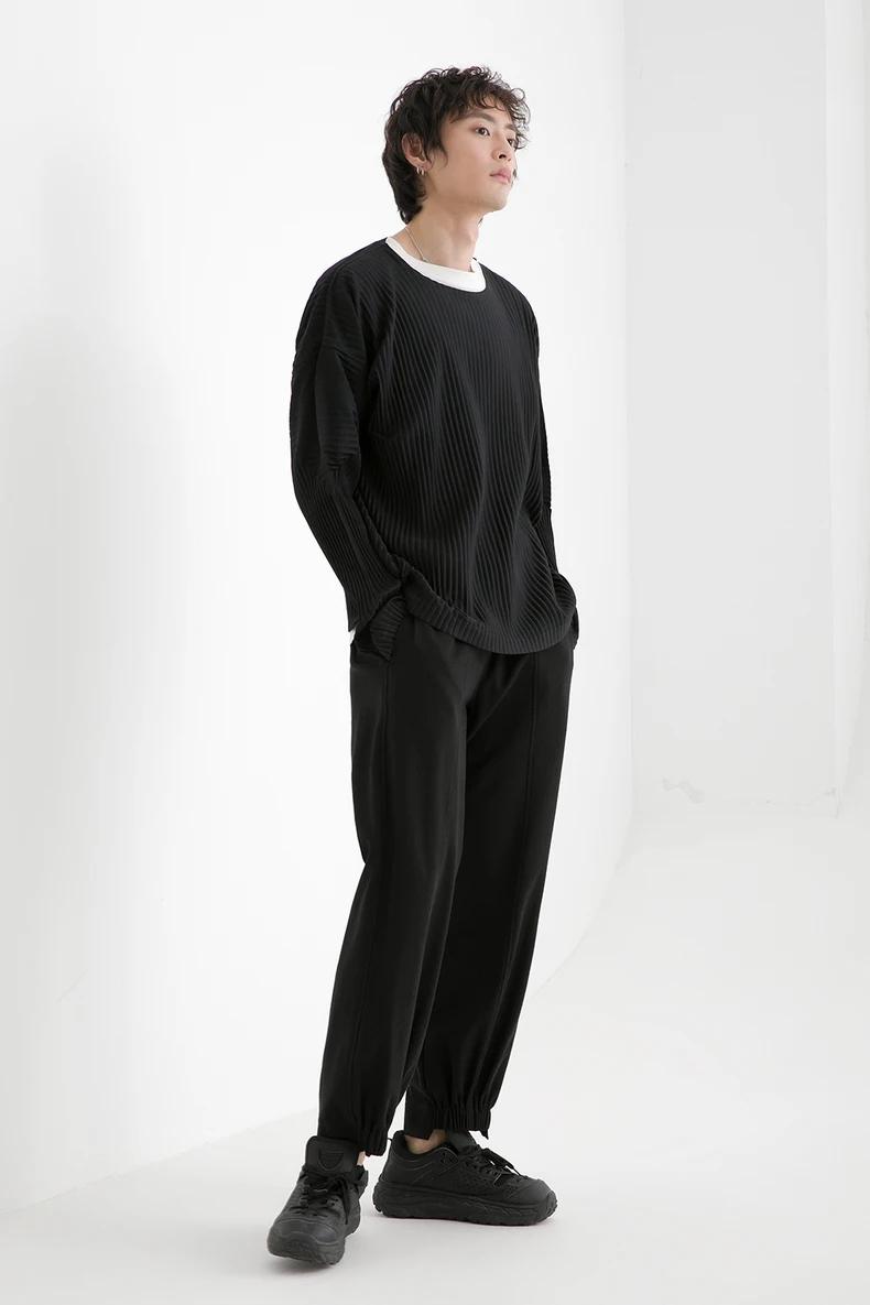 T-shirt plissé à manches longues pour hommes, haut décontracté, col rond, ata yake, adt