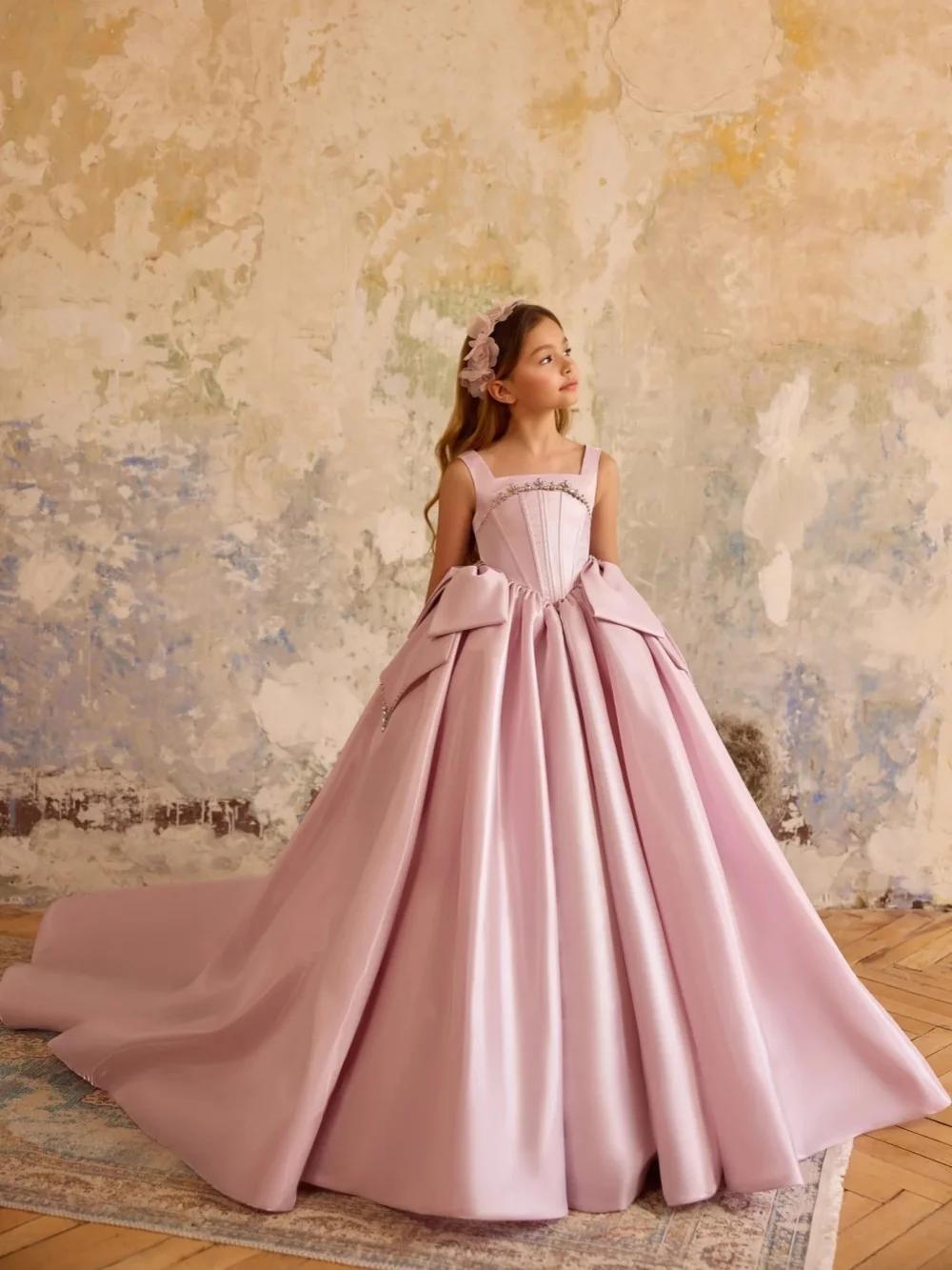 Robes luxueuses pour filles, avec nœud en cristal, tenue de fête d'anniversaire, moderne et élégante
