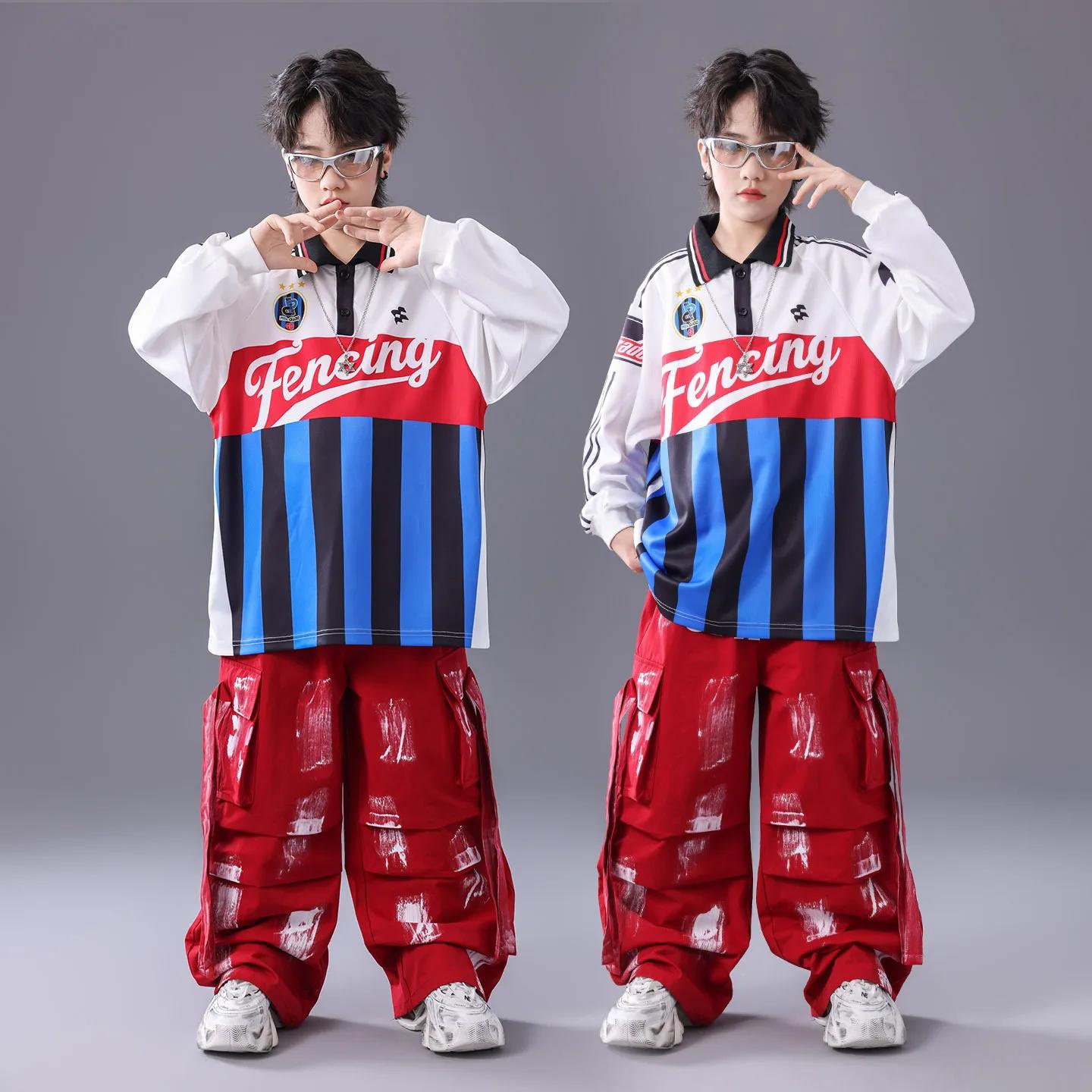 Ensemble hip-hop K-pop pour fille - T-shirt rayures patchwork et pantalon cargo danse streetwear