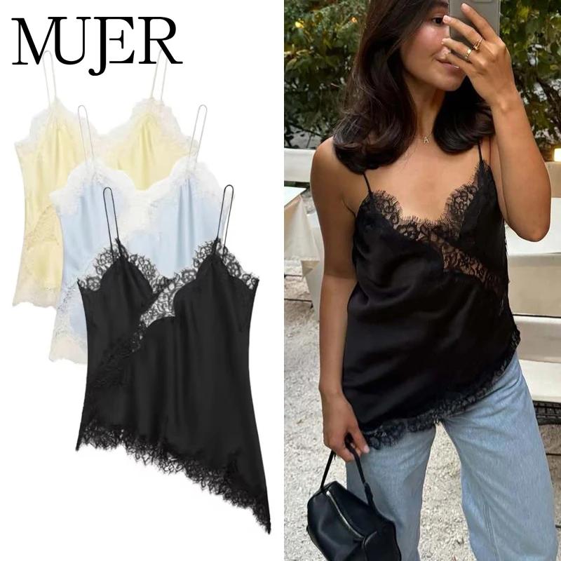 MUJER femmes hauts noir dentelle haut femme Sexy dos nu hauts pour femmes Camisole hauts sans manche