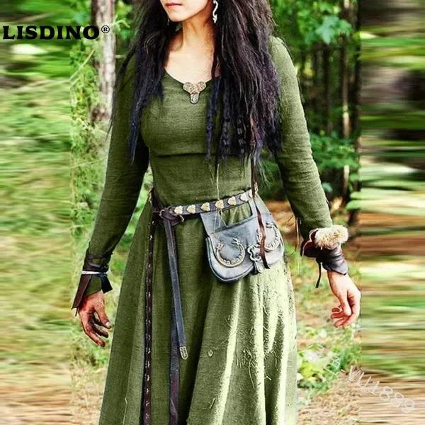 LisdinoMedieval Robe femmes à manches longues Maxi Robe Vintage fée elfique Robe Renaissance celtiqu