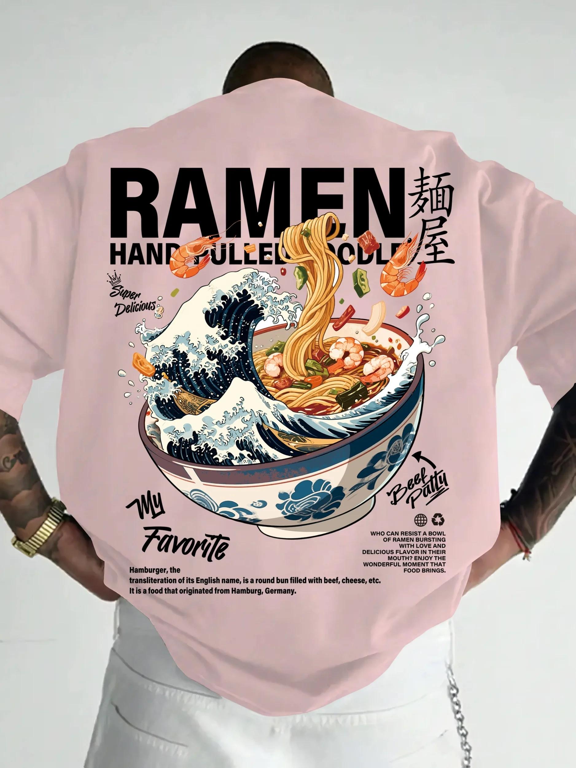 T-shirt décontracté pour homme, style streetwear, motif vagues japonaises et ramen, idéal pour le qu