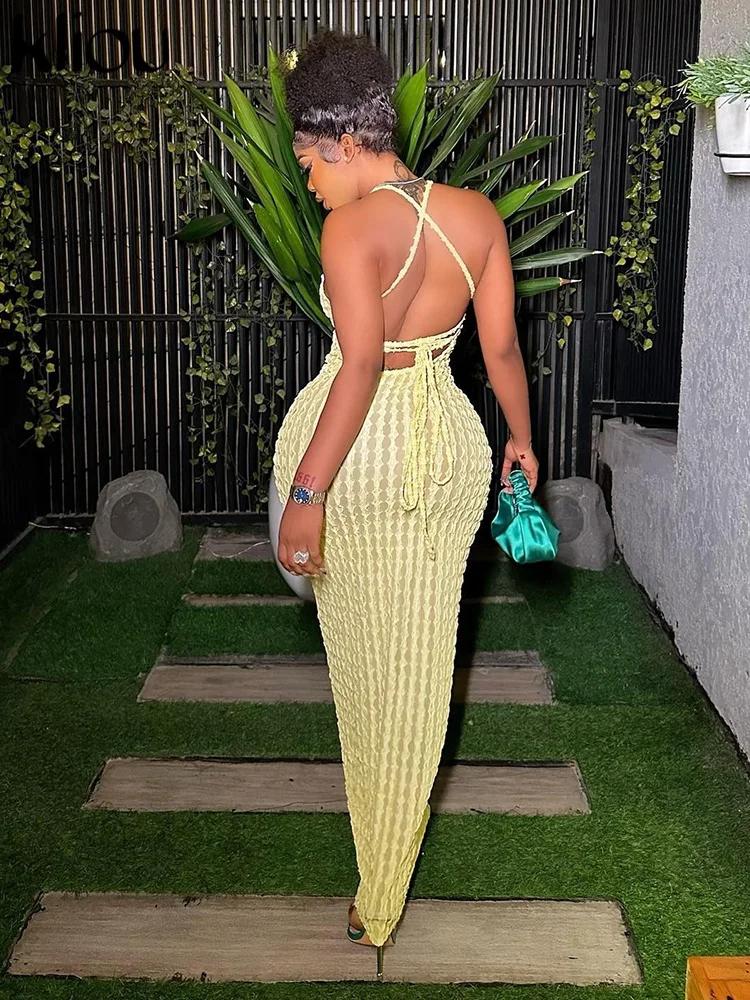Kliou solide froncé Spaghetti sangle pansement Maxi robe femmes décontracté sans manches dos nu moul