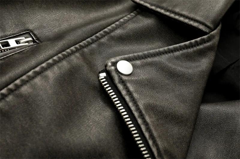 2025New Coal gray le Veste en cuir lavé pour femme avec ceinture, manteau court avec fermeture éclai