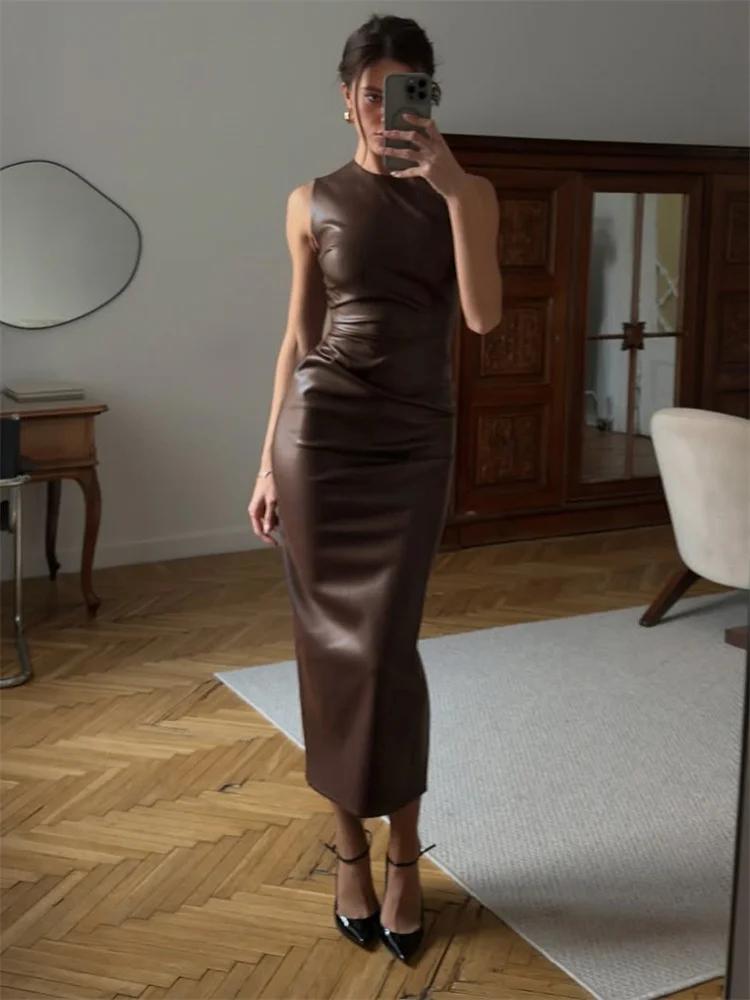 Tossy PU Sexy mode robe Maxi pour les femmes taille haute sans manches mince Patchwork solide maigre