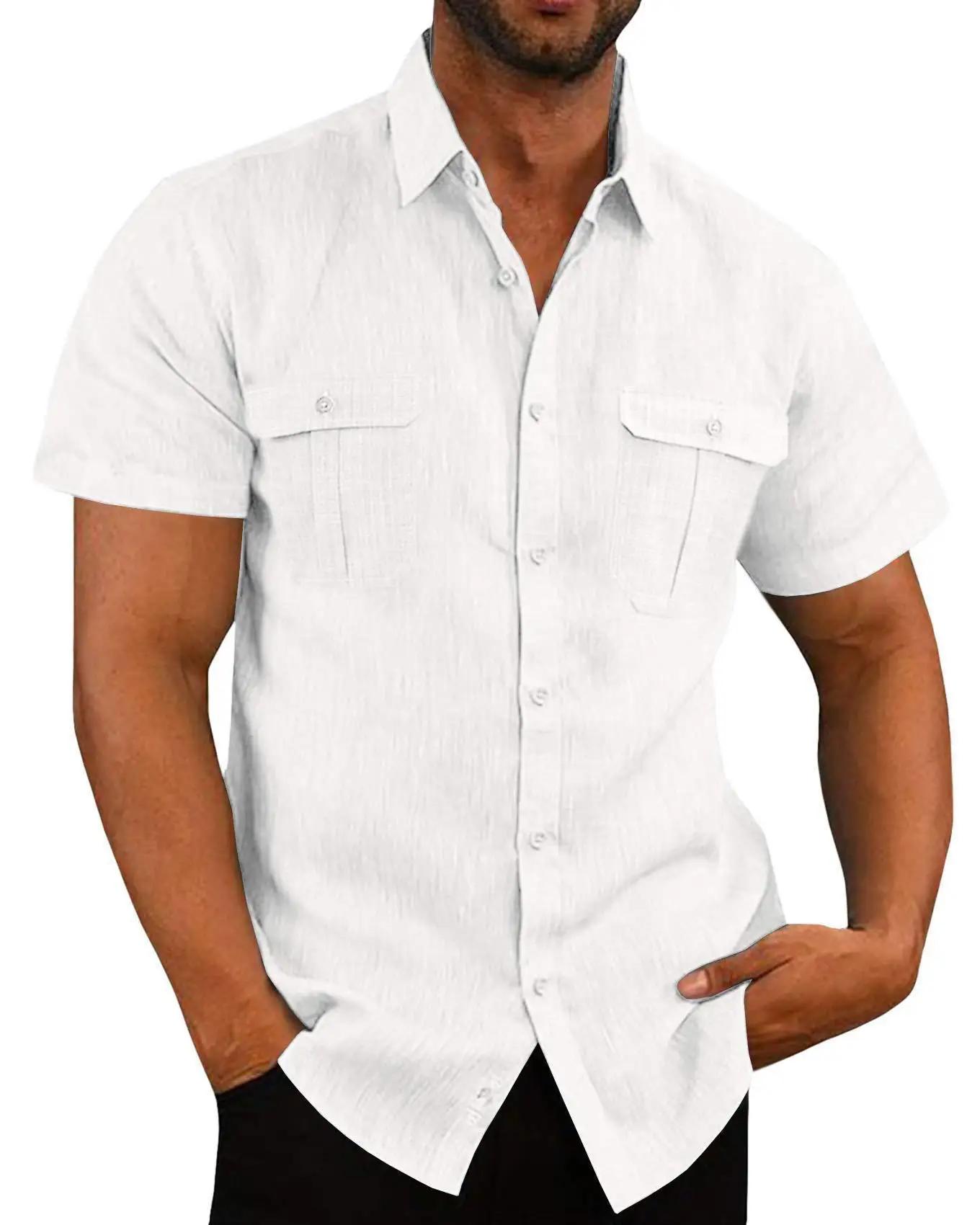 Chemise en coton et lin pour hommes, avec poches, décontractée, plage, manches courtes, couleur unie