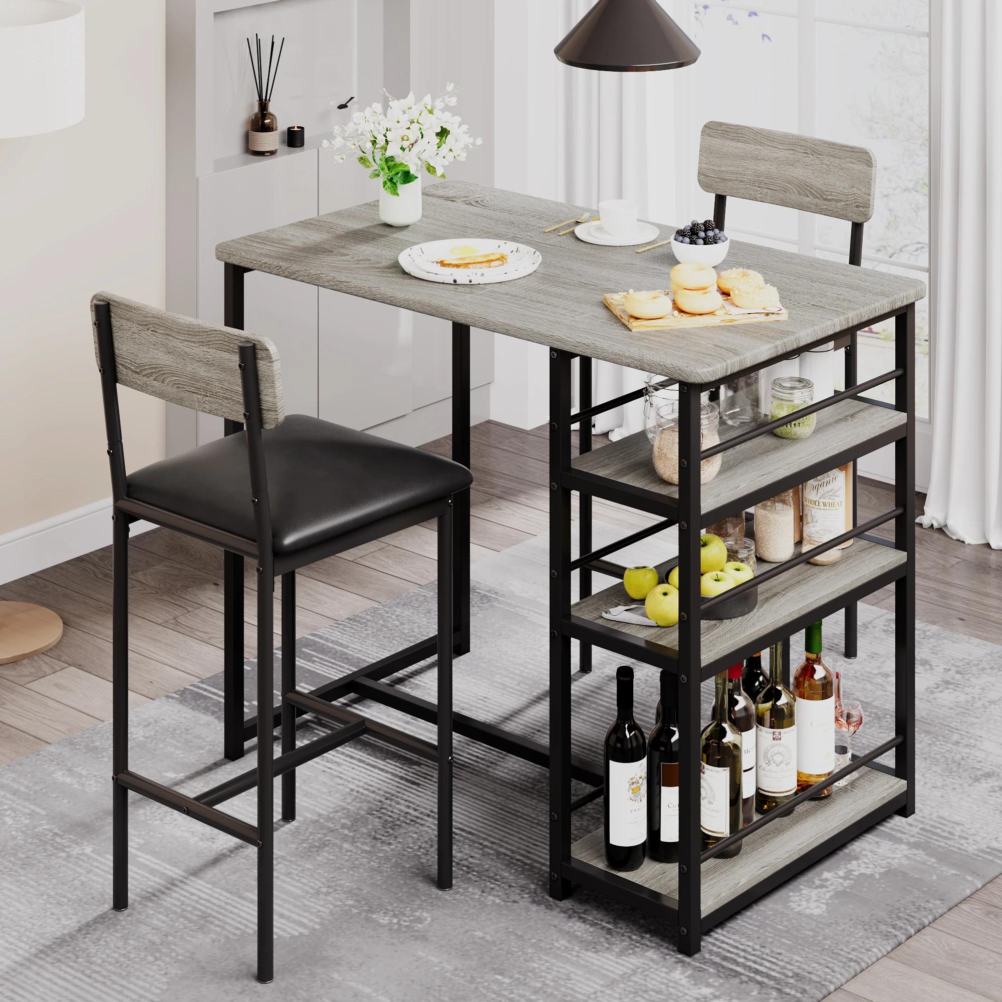 Ensemble de table à manger avec étagères à 3 niveaux, ensemble de table de cuisine de bar avec 2 cha