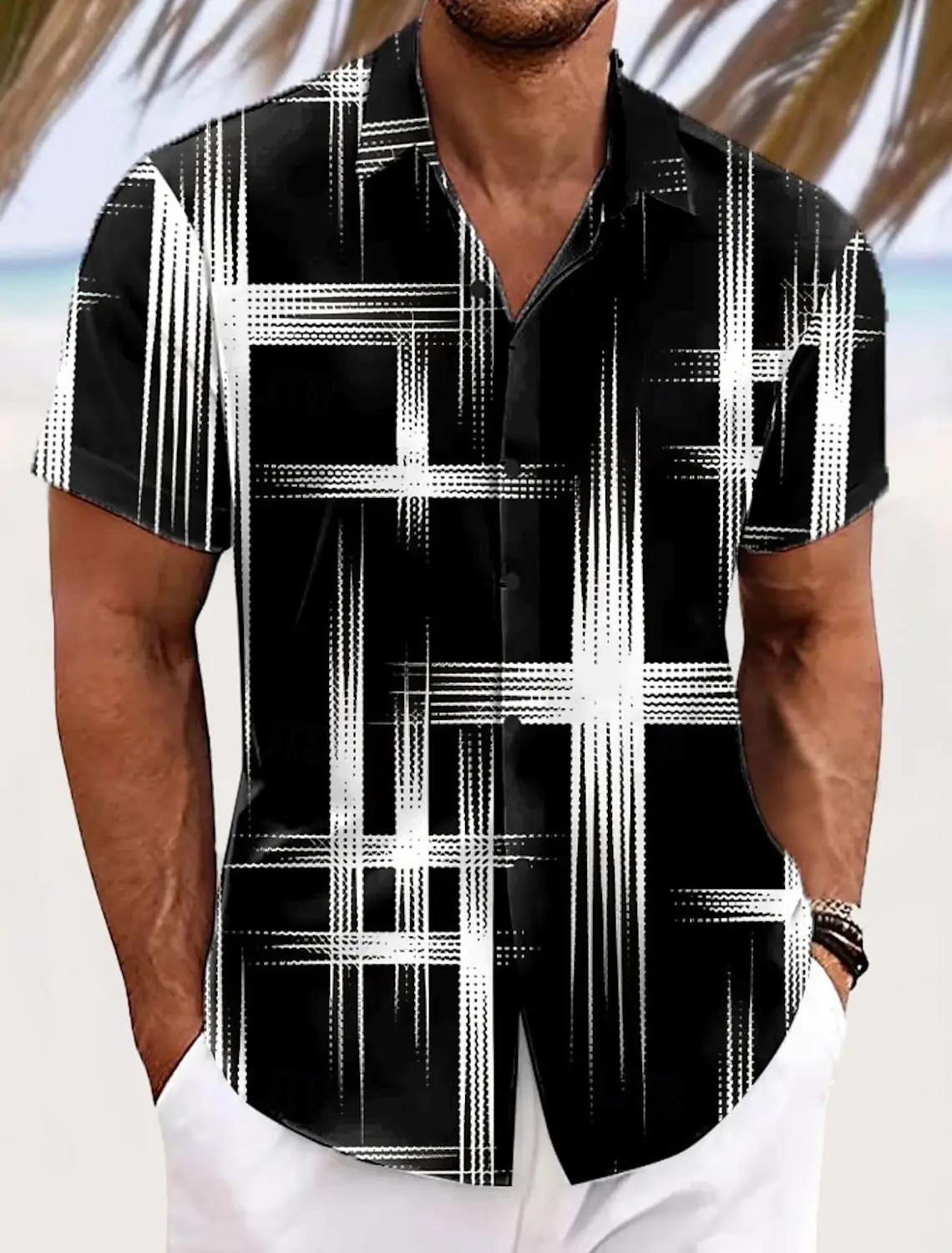 Chemise à carreaux à grille géométrique pour hommes, couleur dégradée, boutonnée, manches courtes, m