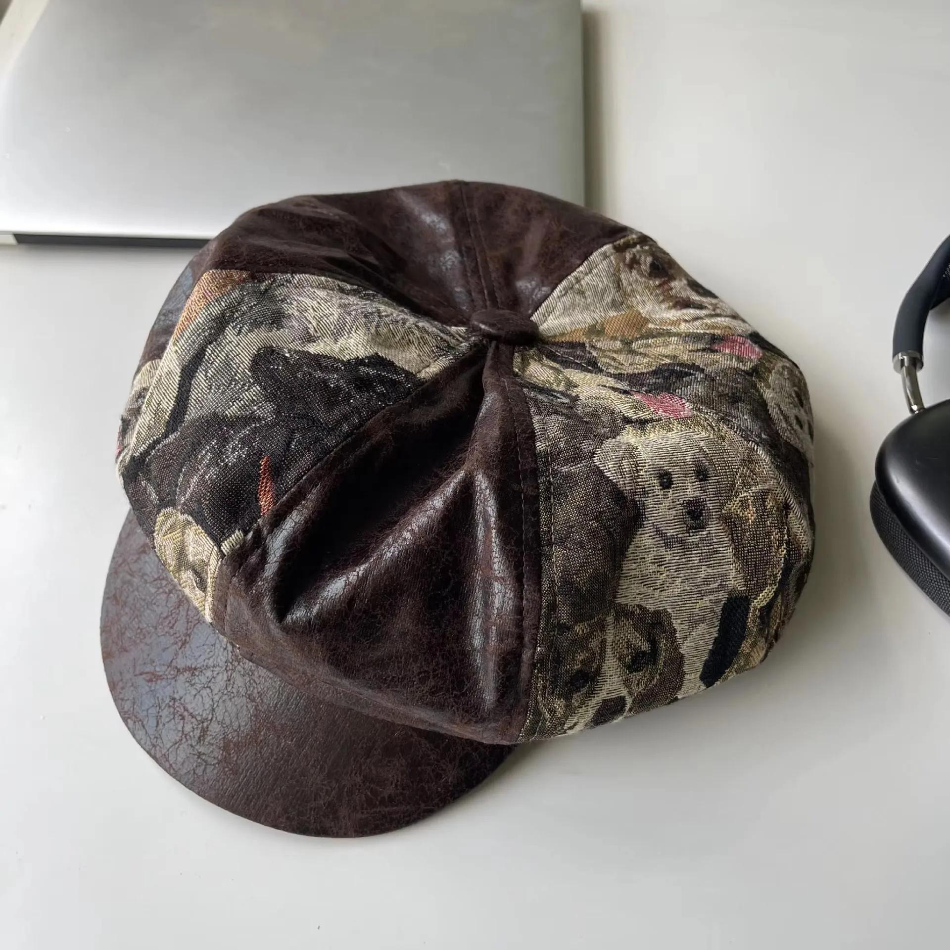 Casquettes pour femmes, béret rétro patchwork, chapeau octogonal en jacquard et velours côtelé, à la