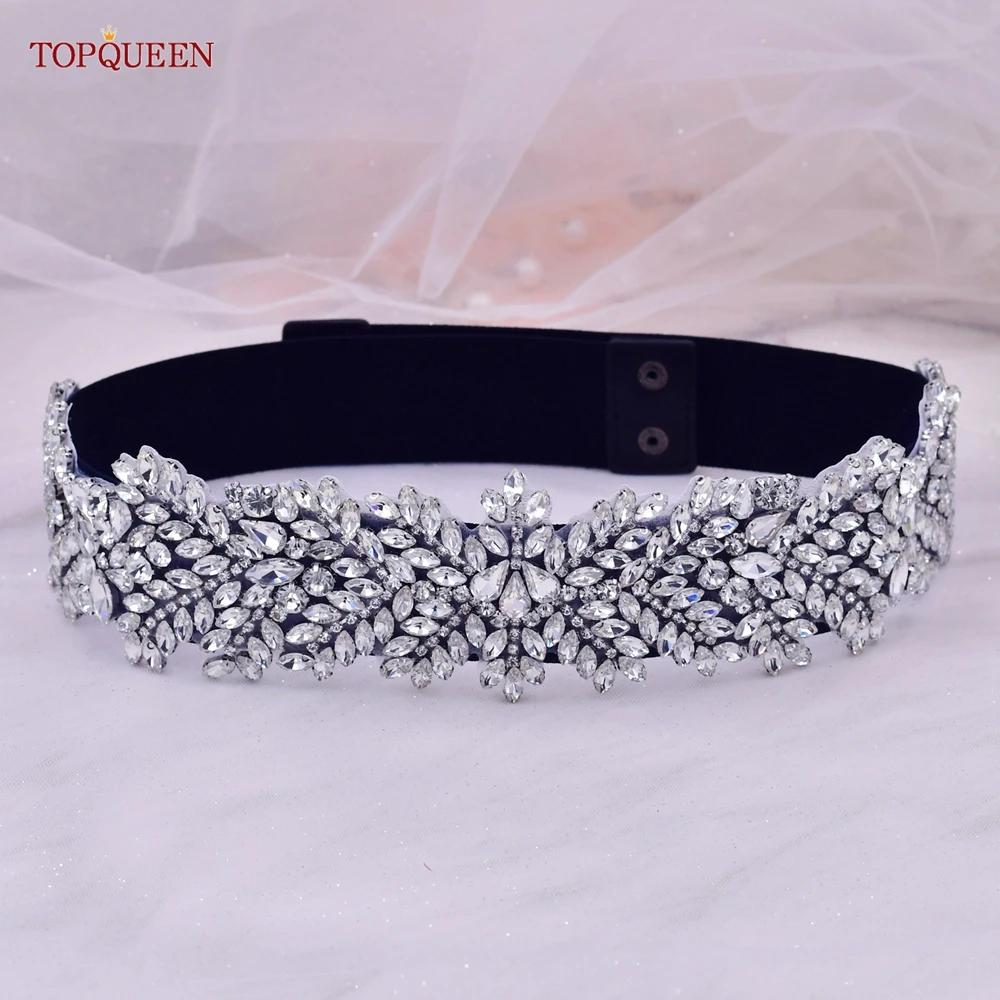 TOPQUEEN S420-B femmes noir mode élastique larges ceintures argent strass à la main perlé ceinture r