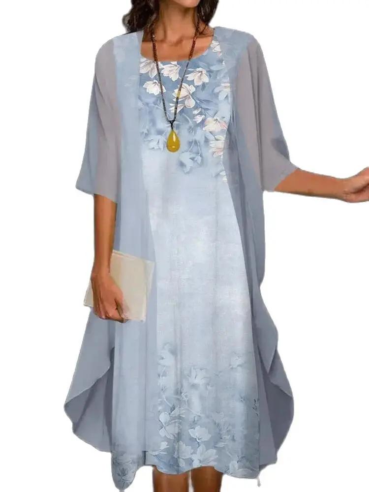Robe d'été en mousseline de soie pour femmes, sans manches, col rond, imprimé, ample, pour soirée + 