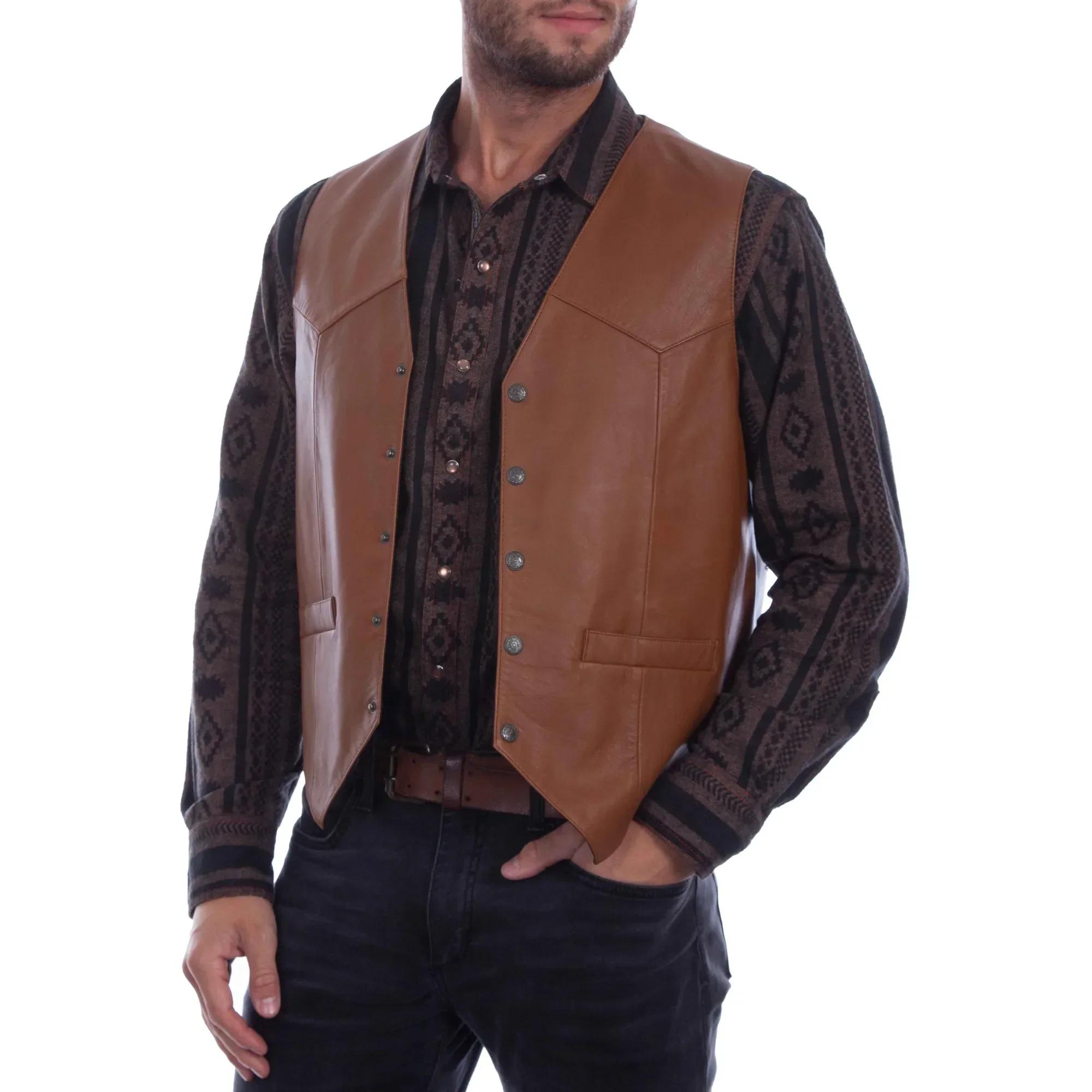 LisdinoMen doux 100% cuir gilet Snap Western hommes cadeau tenue de vacances motard informel