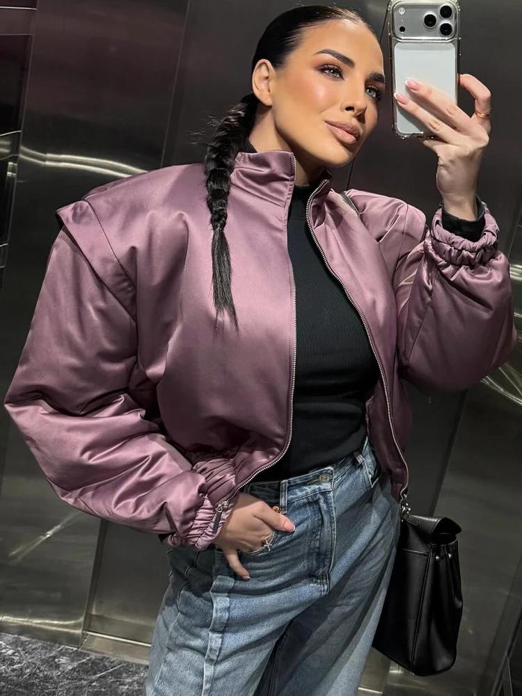 Nouvelle veste bomber en satin SLTNX pour femme, mauve, à manches bouffantes, courte, zippée, décont