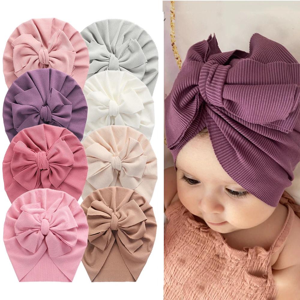 Chapeaux Turban à nœud de lapin côtelé solide pour bébés garçons et filles, bonnets rayés fins et él