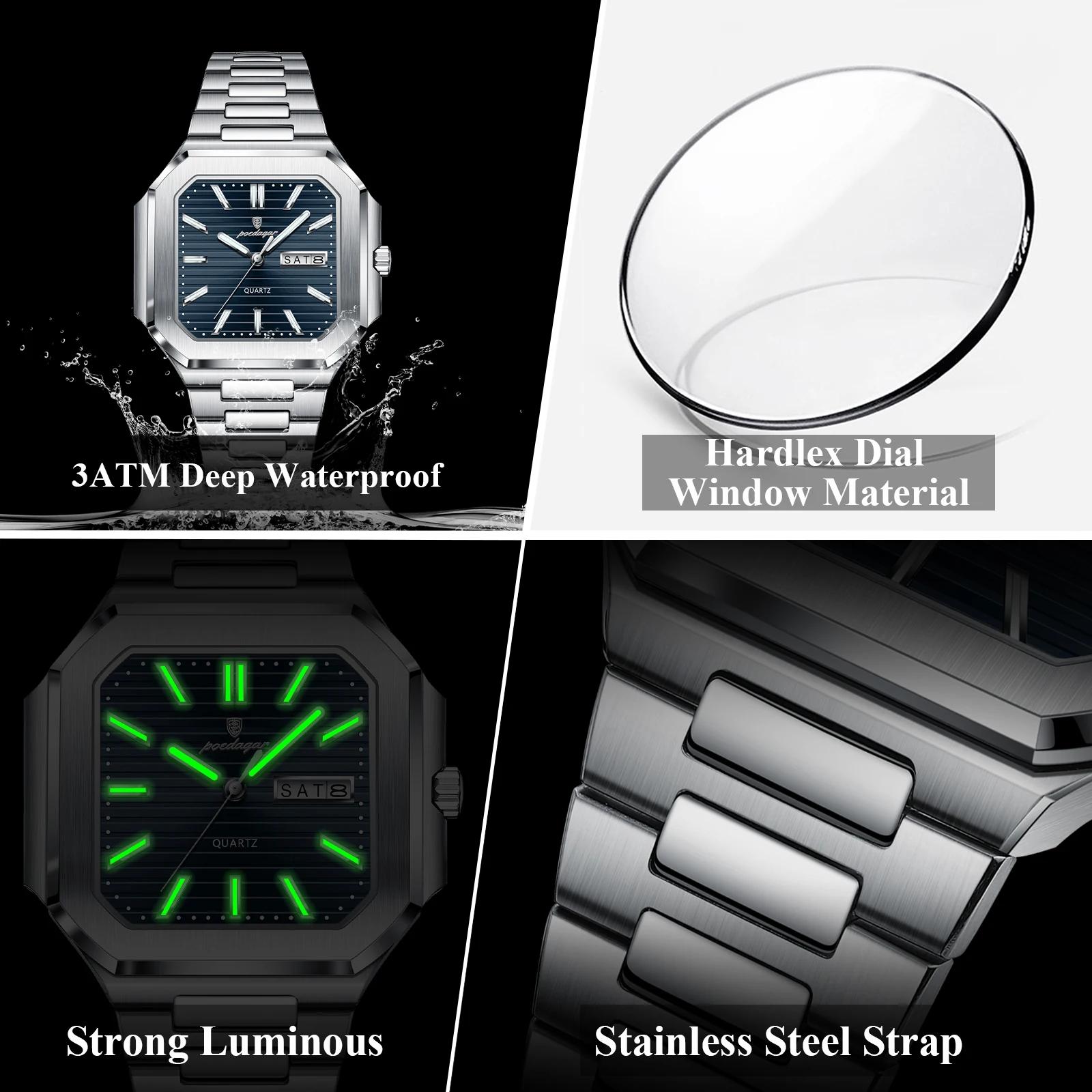 POEDAGAR affaires homme montre étanche lumineux Date semaine classique montres pour hommes en acier 