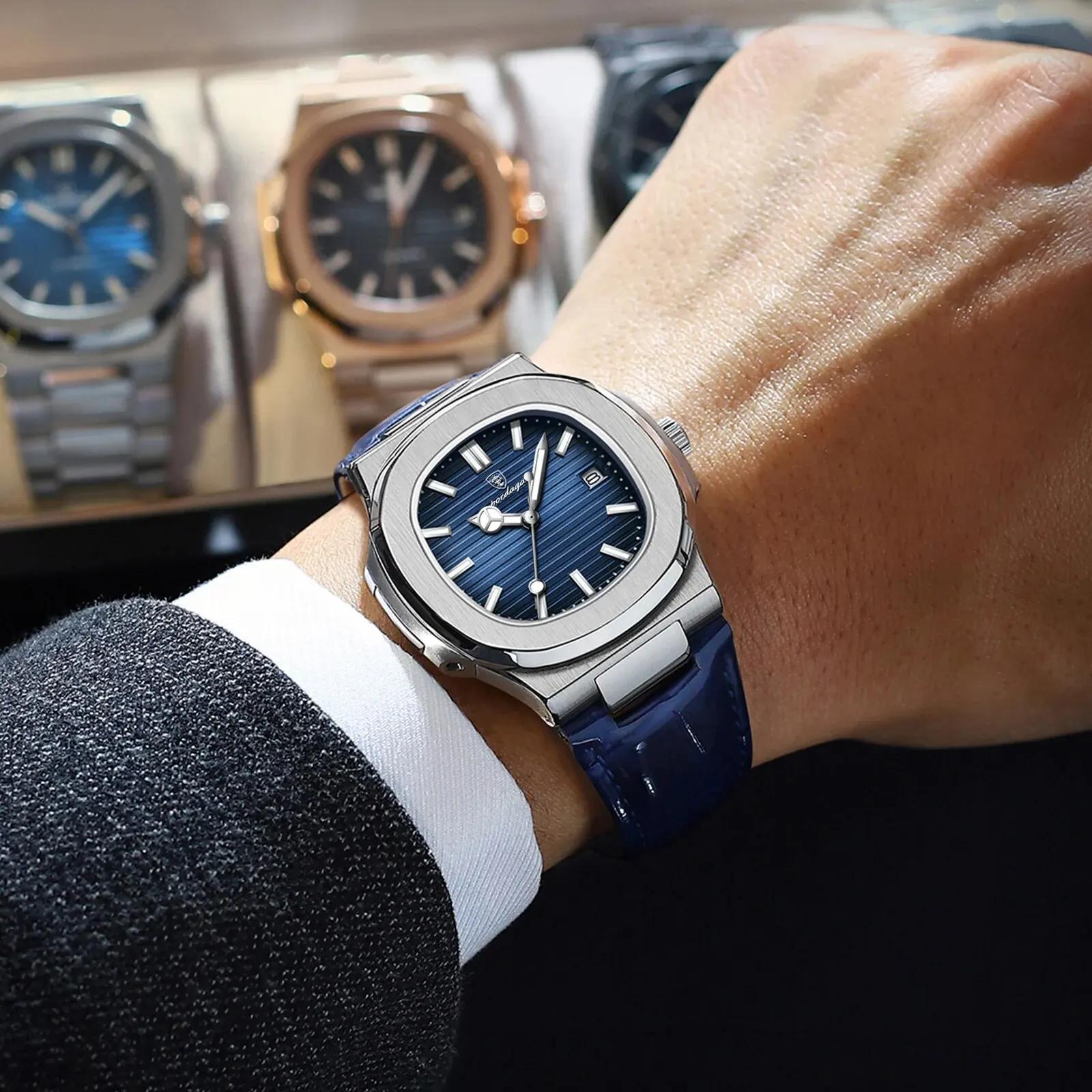 POEDAGAR haut de gamme carré homme montre Date étanche lumineux hommes montre-bracelet de haute qual