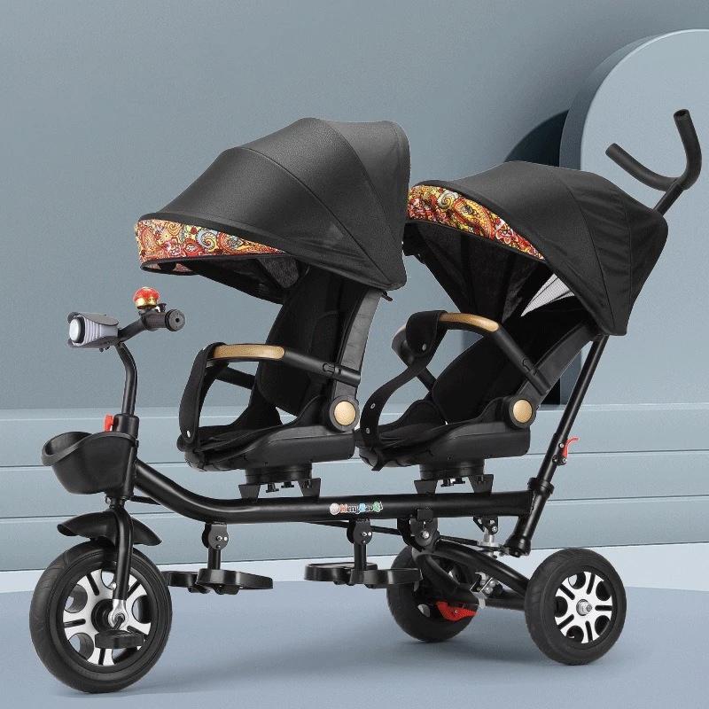 Tricycle pour enfants, poussette double, vélo à double siège avec siège inclinable, double direction