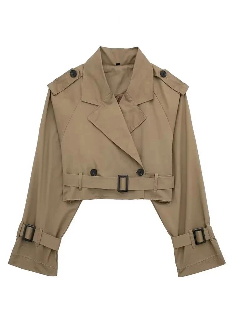 HH 2025 femmes ceinture recadrée Trench printemps veste Vintage Streetwear Double boutonnage à manch