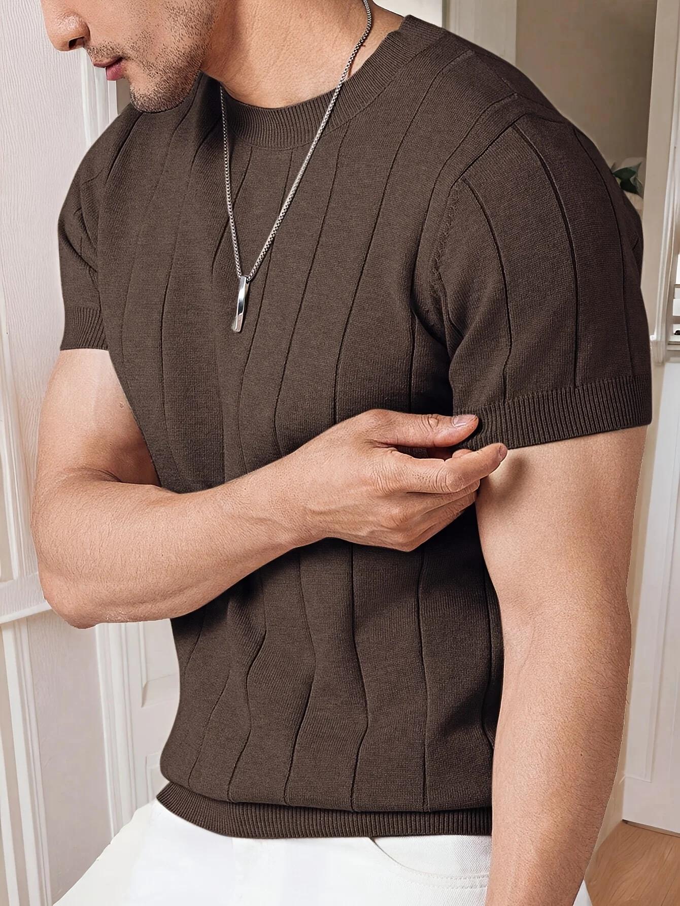 T-shirt tricoté slim pour homme, col rond, couleur unie, manches courtes, décontracté, business, ten