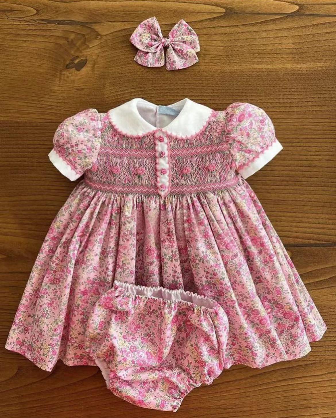 Robe d'été pour bébé fille de 0 à 12 ans, motif Floral rose, broderie smockée faite à la main, robe