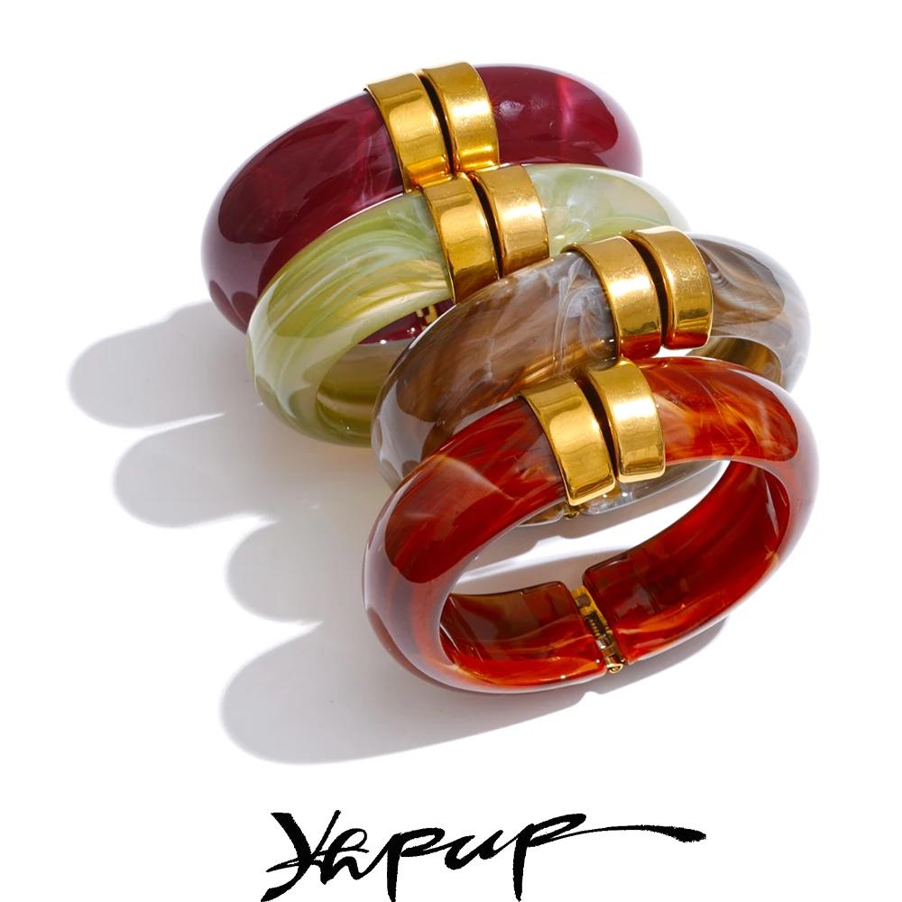 Yhpup 66mm vert rose marron violet acrylique épais Bracelet Bracelet pour femmes en acier inoxydable