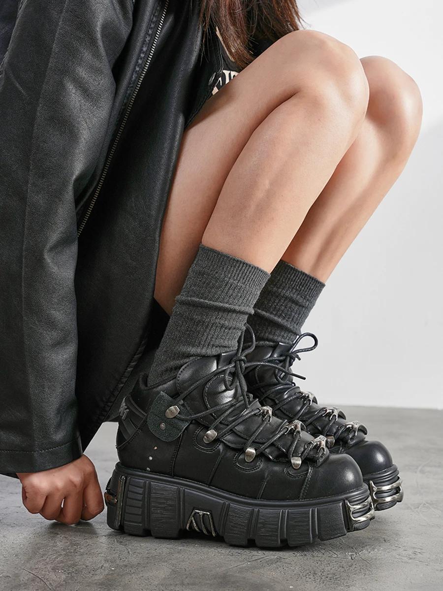 Nouvelles Chaussures Femme Style Punk 2026 – Bottes Rock à Lacets avec Plateforme et Talon de 6 cm, 