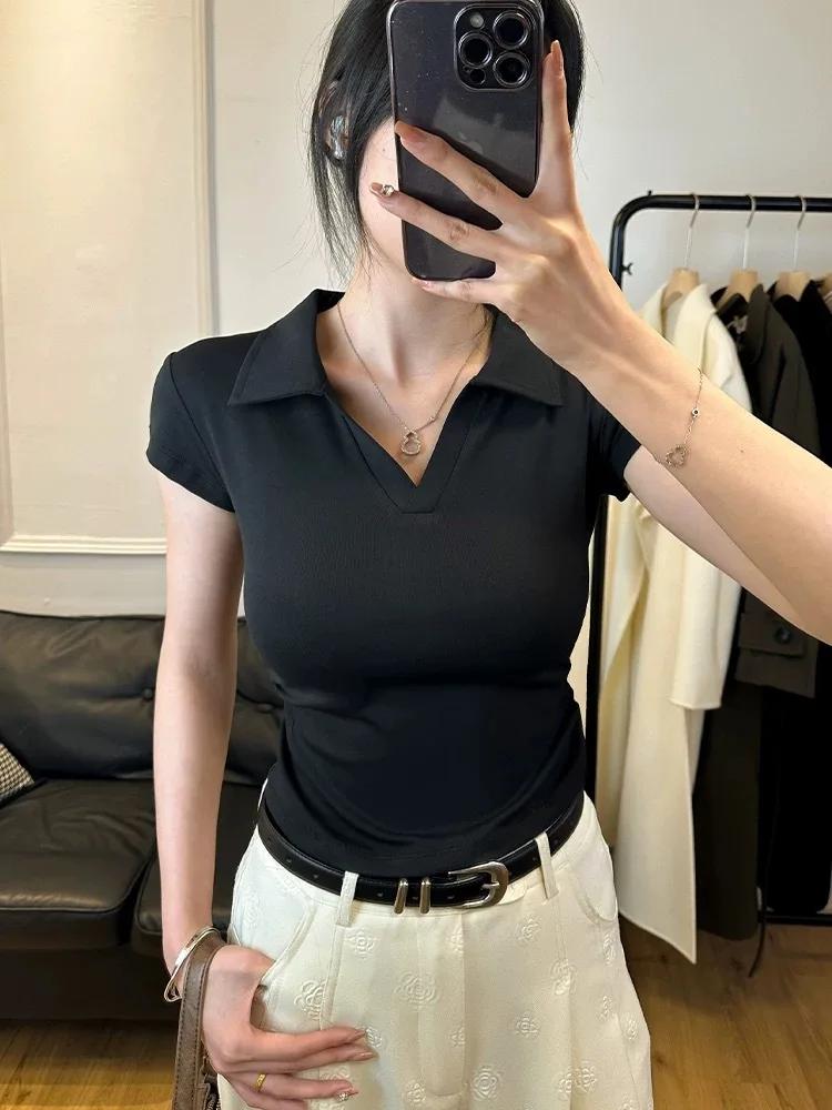 Coton été Sexy femmes t-shirt maigre mince basique solide haut court à manches courtes Polo t-shirt 