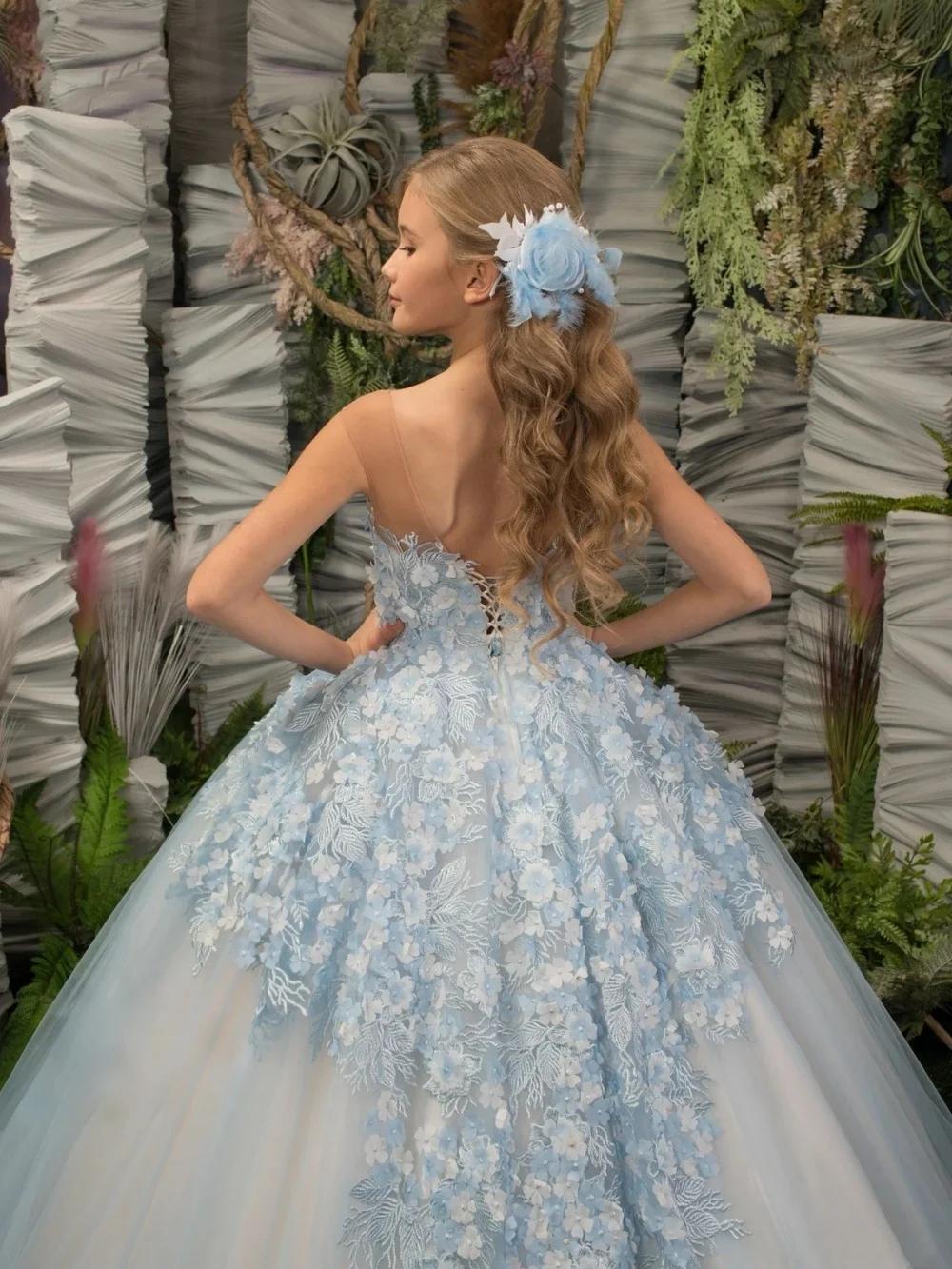 Robe de princesse florale 3D bleu clair scintillant pour filles, robe classique élégante sans manche