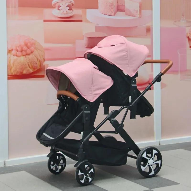 Poussette bébé jumeaux 3 en 1 avec siège auto, landau double pour enfants, panier de couchage détach