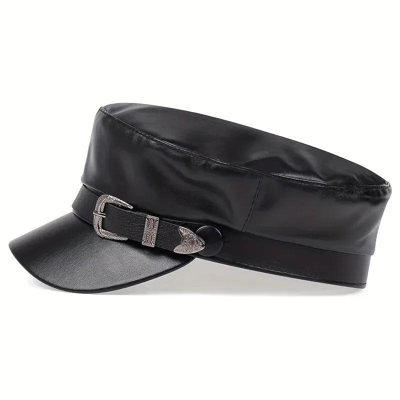 Chapeau en cuir avec grande ceinture pour femmes et hommes, chapeaux de marin, casquettes béret noir