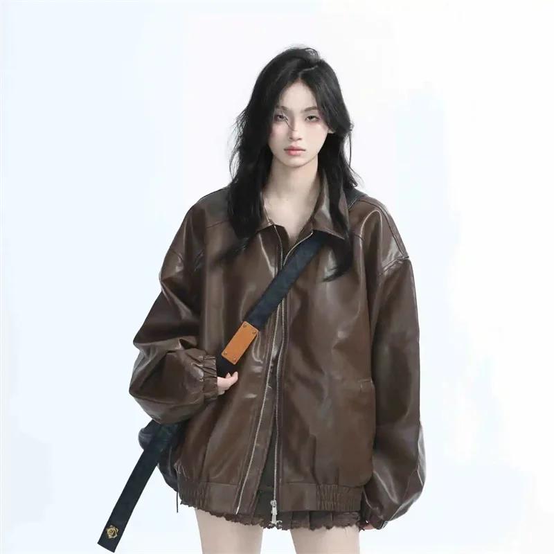 Veste rétro en Faux cuir pour femmes, mode printemps-automne, fermeture éclair, manteau en cuir à ma