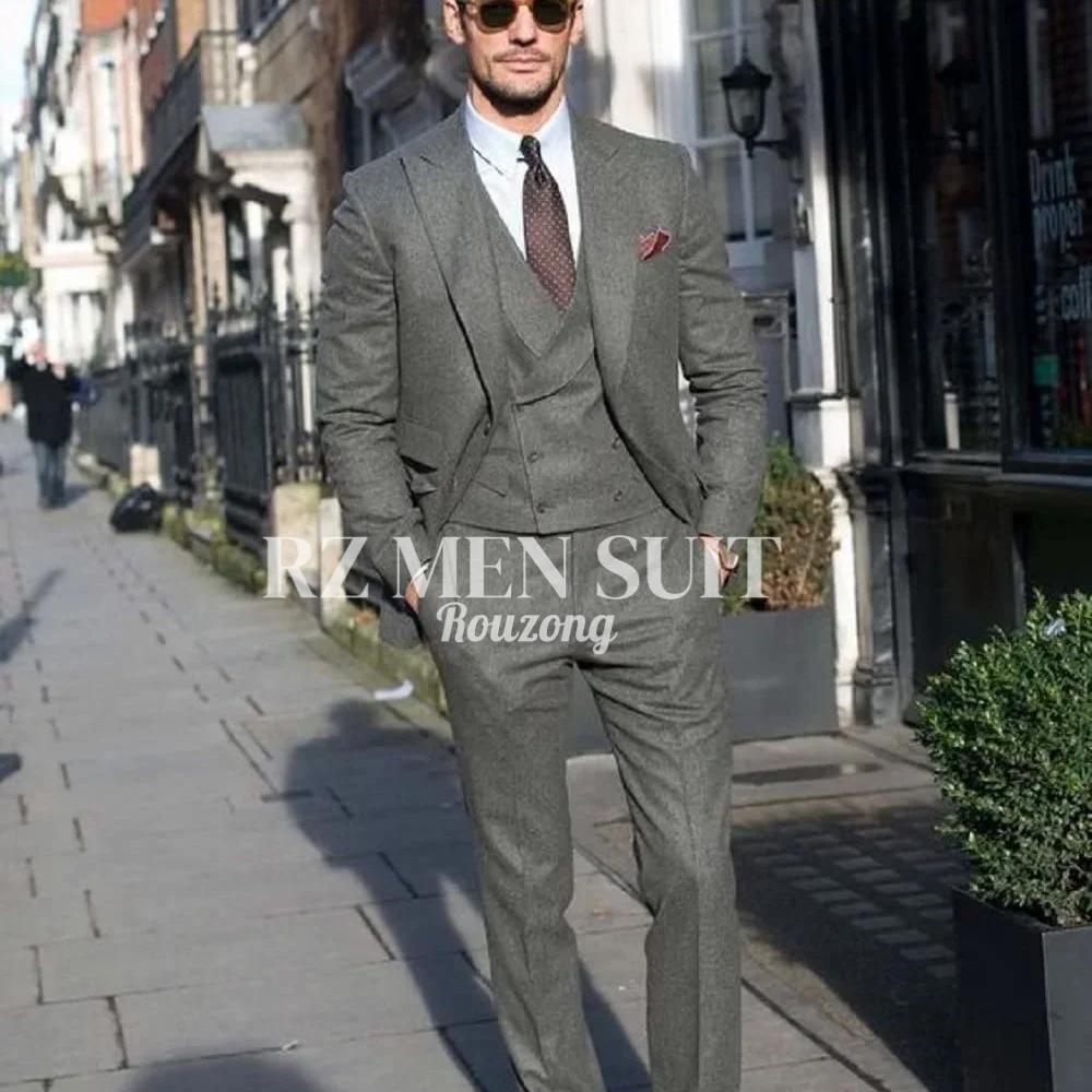 Costumes en tweed pour hommes, 3 pièces, en tweed à chevrons, coupe ajustée, blazer croisé, smoking,