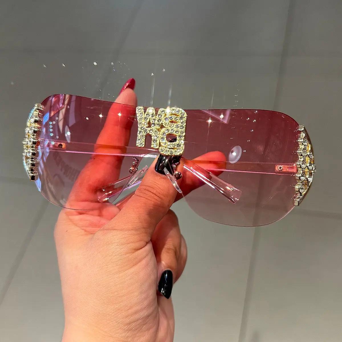Lunettes de soleil de luxe y2k sans monture pour femmes, avec lettres en strass, de marque de stylis