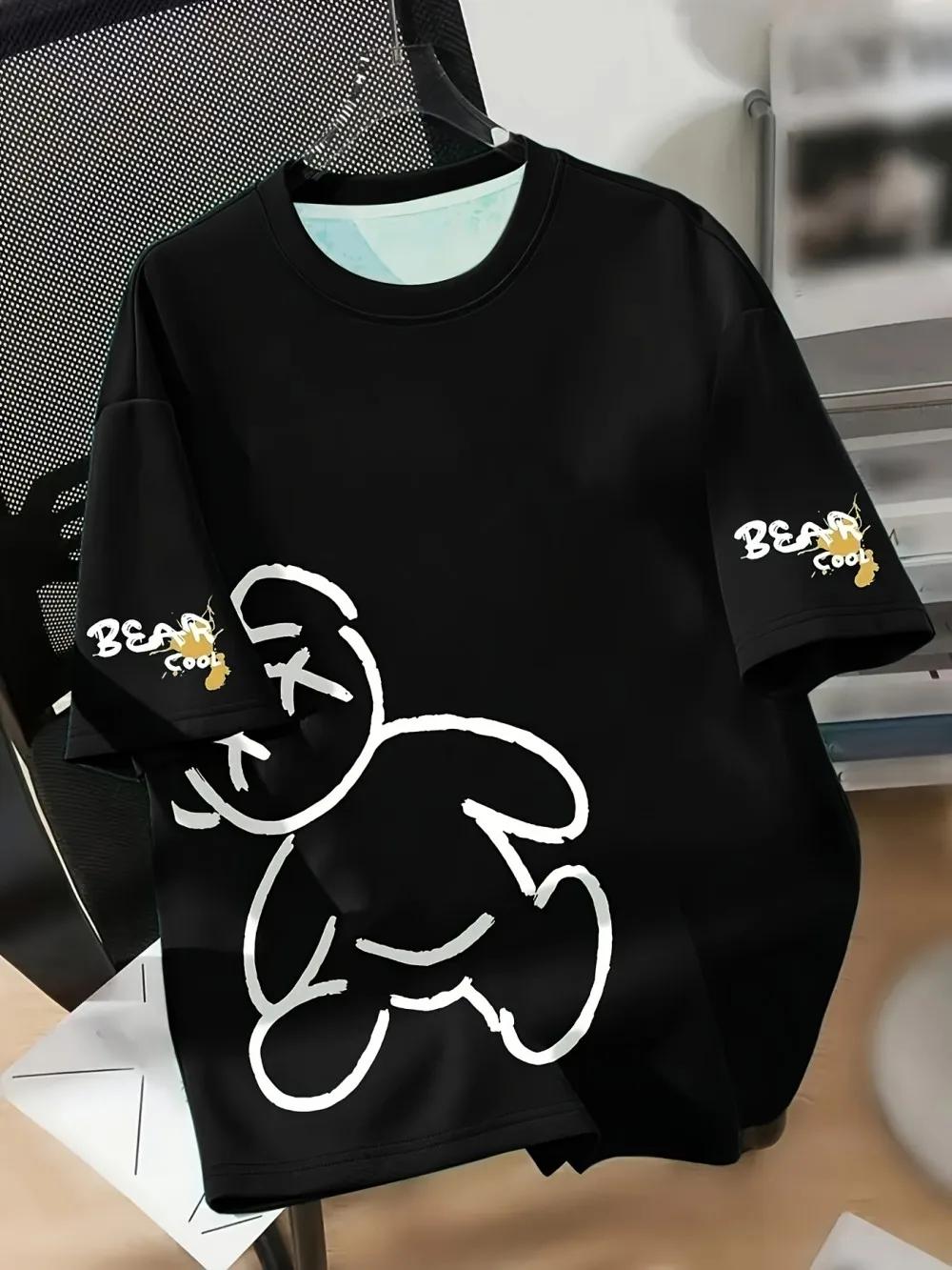 T-shirt d'été respirant à col rond pour hommes, avec motif imprimé d'ours de dessin animé, adapté au