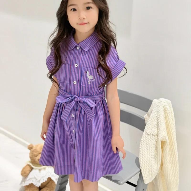 Robe chemise rayée violette pour enfants 2026, manches courtes, col montant, taille nouée, jupe trap