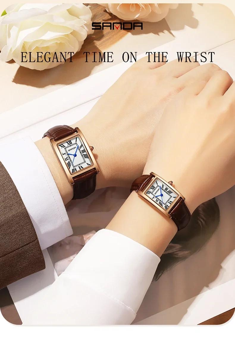 SANDA luxe réservoir Couple montre résistant à l'usure bracelet en cuir cadran carré étanche Sport d