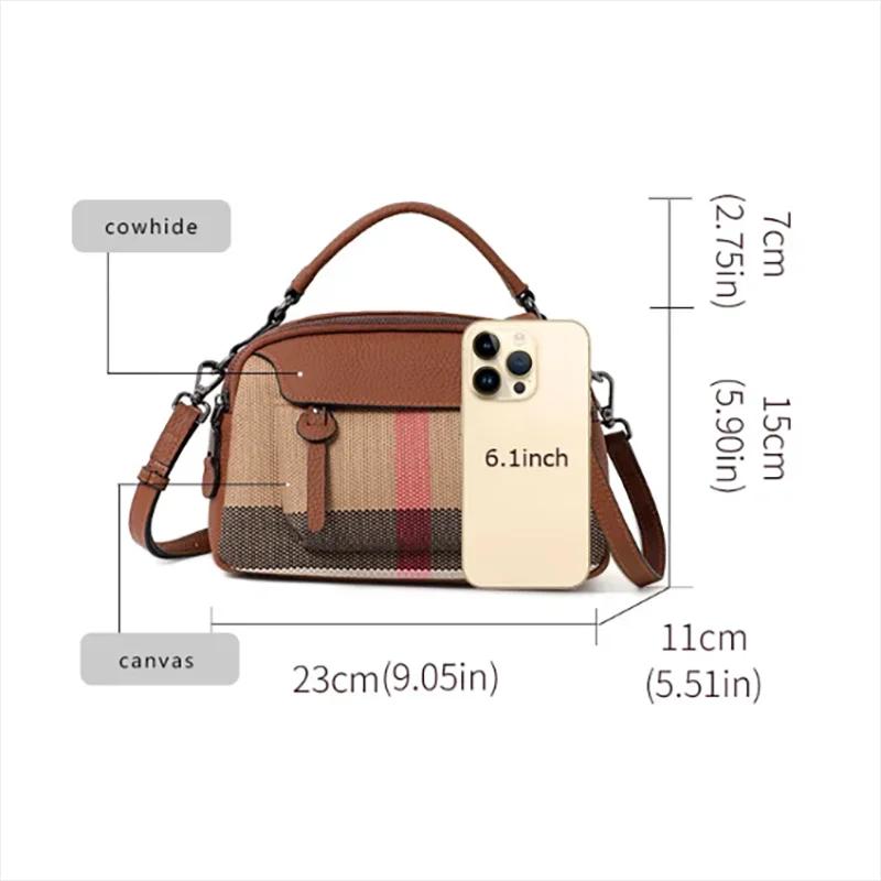 Sac fourre-tout vintage à carreaux pour femme - Toile de qualité - Mélange de cuir, haut élégant - S