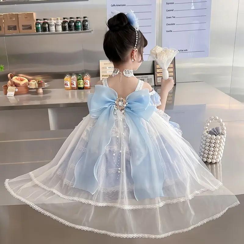 Robe d'été en dentelle pour petites filles, avec nœud bleu, brillante, princesse, robe de bal, gâtea