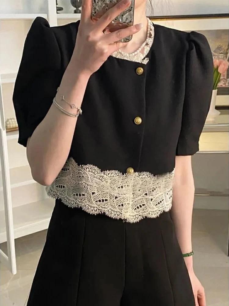Chemises en dentelle à manches courtes pour femmes, vêtements courts esthétiques élégants, style cor