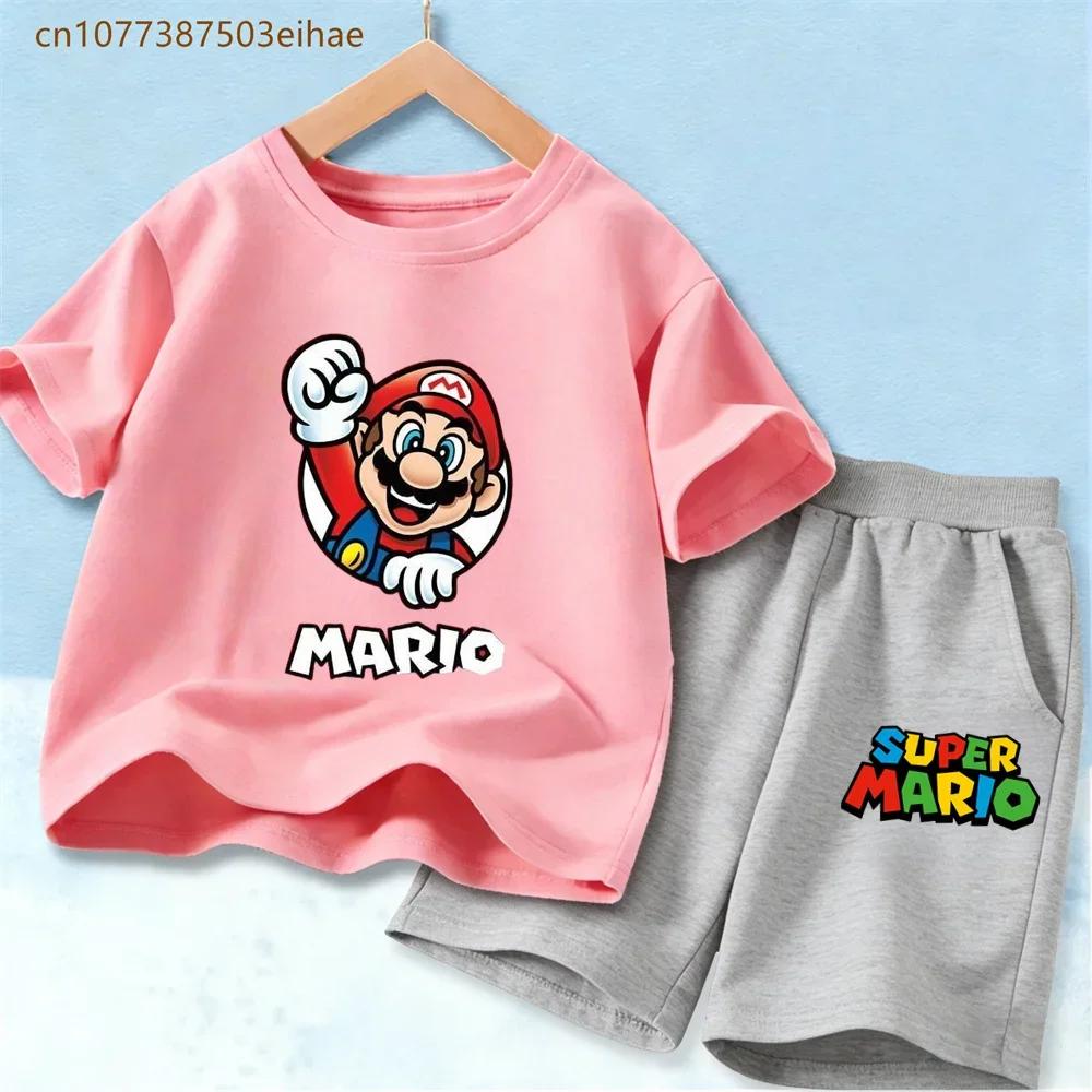 Ensemble de survêtement imprimé Super Mario pour enfants, t-shirt à manches courtes en coton et shor
