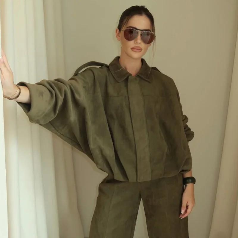 HXAO femmes Bomber veste revers fermeture éclair manches longues veste en daim femmes 2025 haute rue
