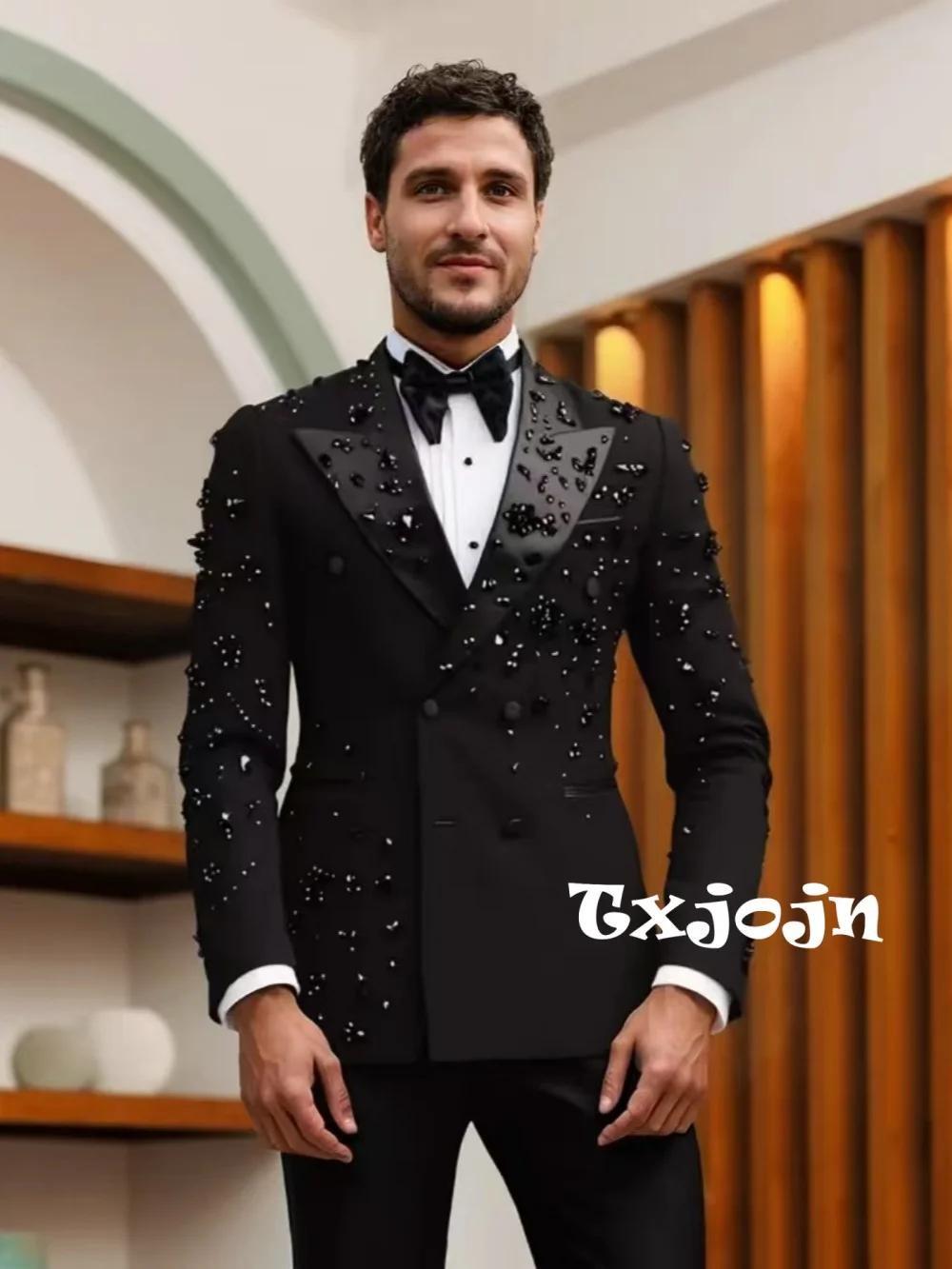 Costume Homme Noir Opulent en Cristal 2 Pièces – Ensemble Mariage et Cérémonie Grande Taille – Coupe