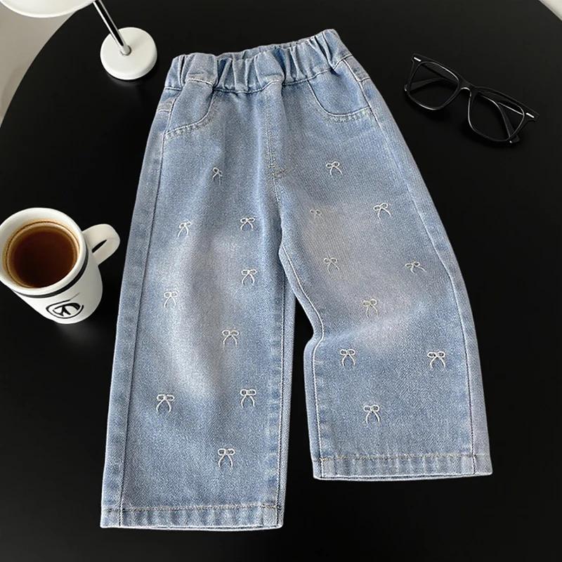 Pantalons en jean à jambes larges brodés avec un nœud pour filles