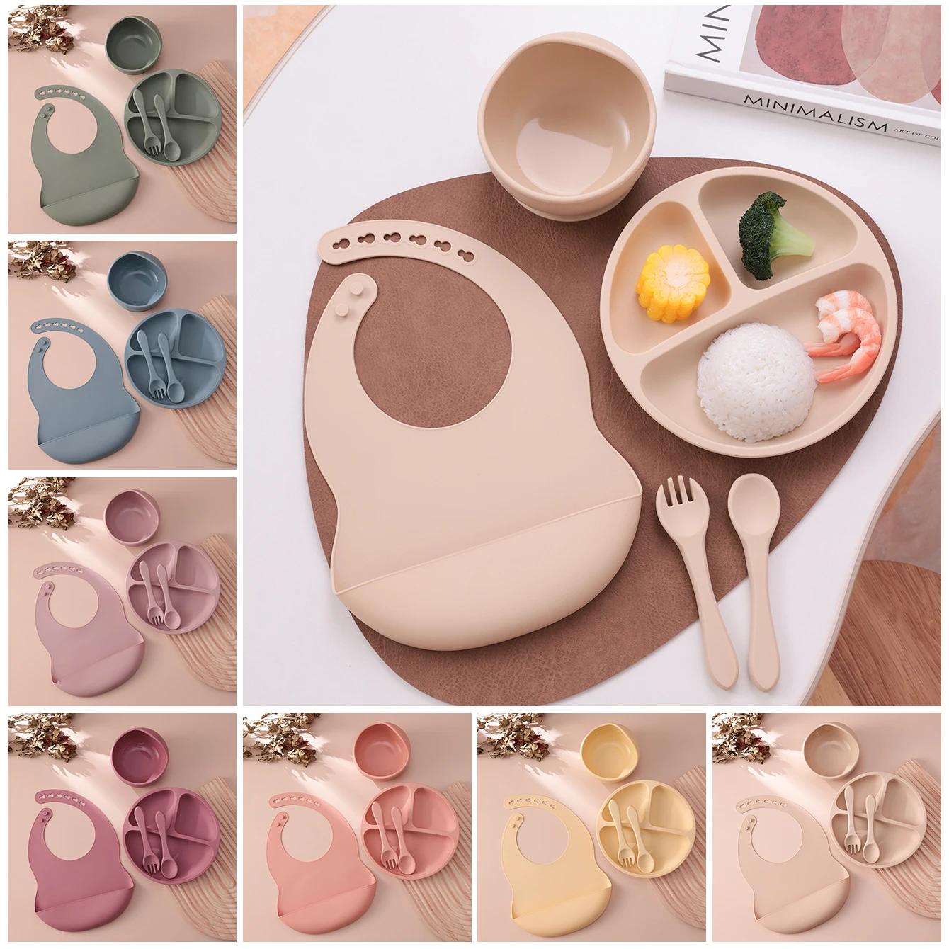 Ensemble d'alimentation en Silicone pour enfants, 5 pièces, plats à succion, assiette sans BPA, bol 
