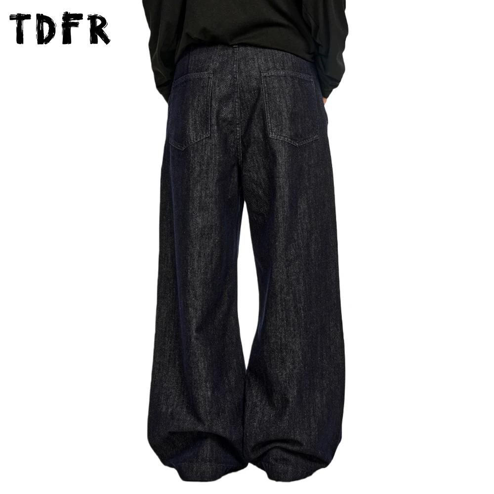 Rétro Simple jean hommes plissé décontracté lavé en détresse Baggy jambe large bleu Denim pantalon h
