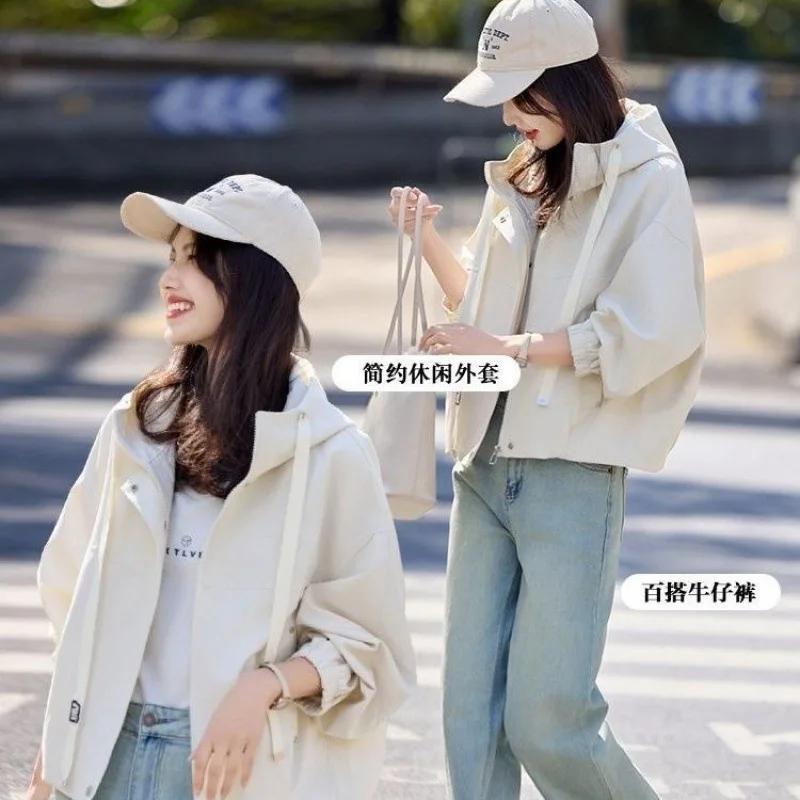 Nouvelle Veste Courte à Capuche Ample pour Femme, Style Rétro, Couleur Unie, Manches Longues, Idéale