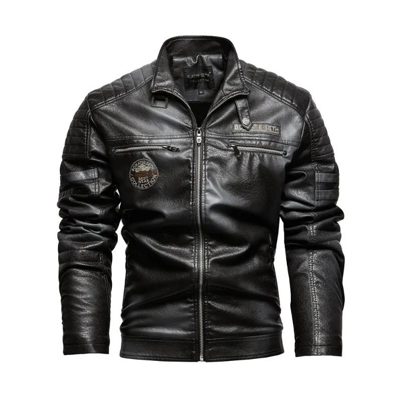 Veste en cuir pour homme, style motard punk, imprimé lettres, col montant, coupe slim, coupe-vent, m