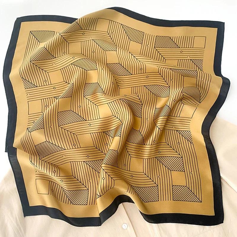 Écharpe en soie à motif géométrique rayé de 68cm pour femmes, Imitation soie, couvre-chef frais et p