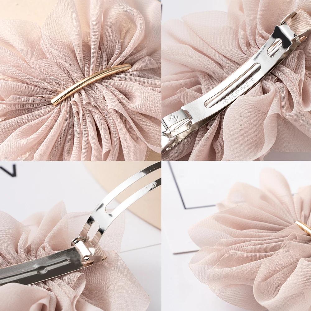 Grand printemps pinces à cheveux femmes métal mousseline de soie fleurs élastique pour queue de chev