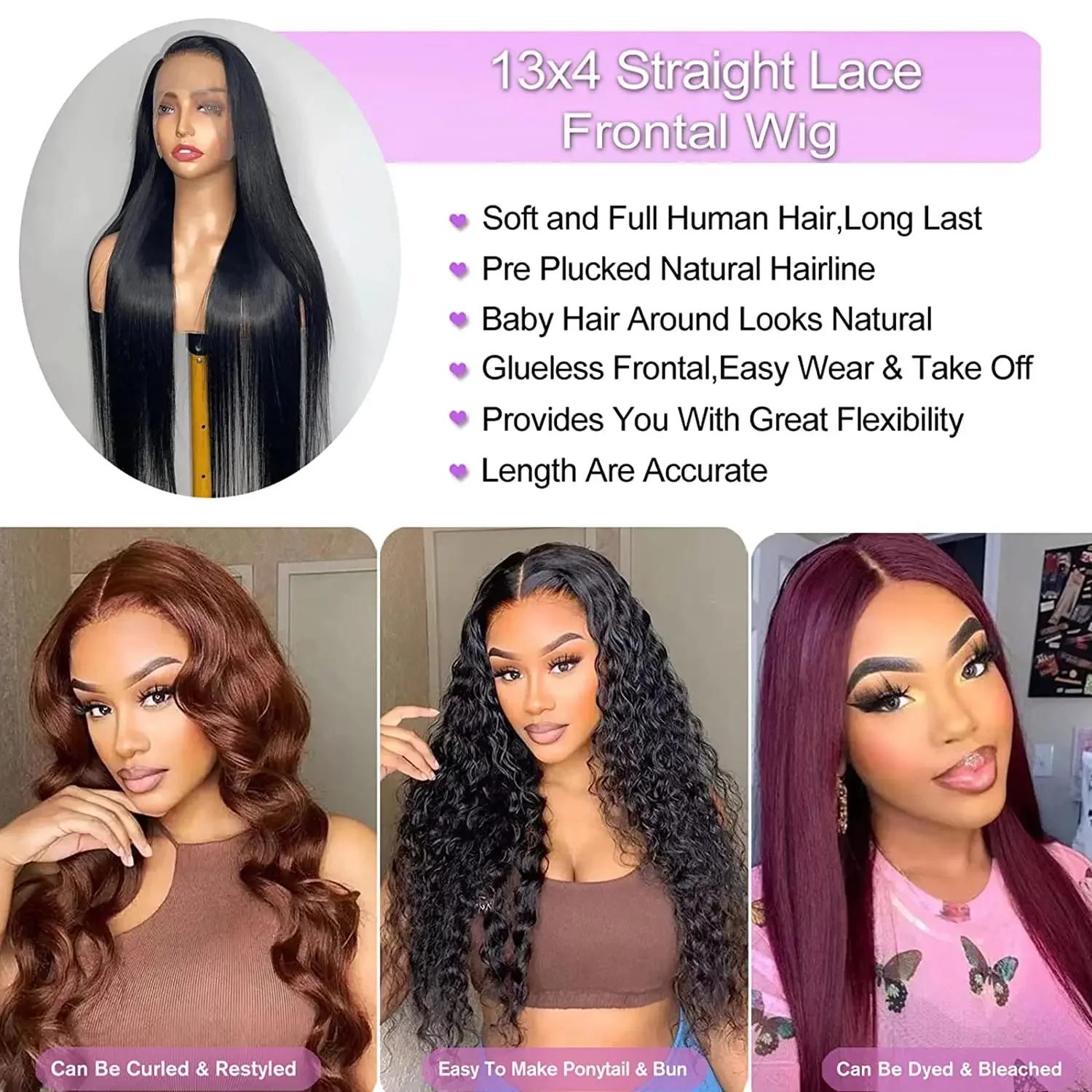Perruque Lace Wig naturelle brésilienne, cheveux lisses, 13x4, pre-plucked, pour femmes africaines, 